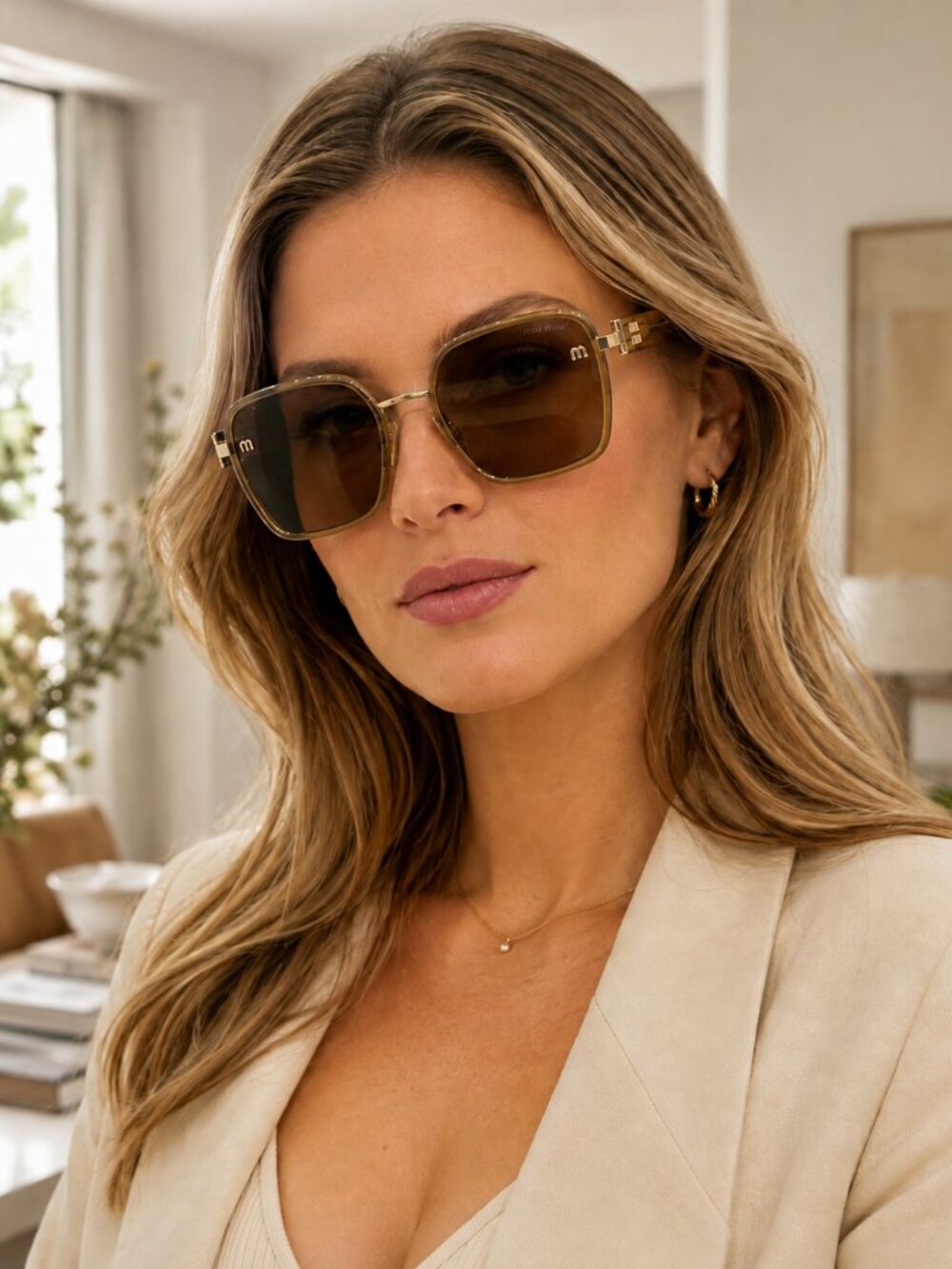 Miu Miu Oversized Square Sunglasses Brown Lenses Gold Olive Frame Women’s